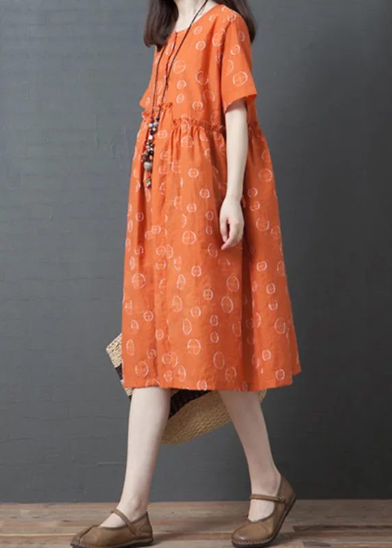 French Orange Dot Print Maxi Dress Short Sleeve VB1028