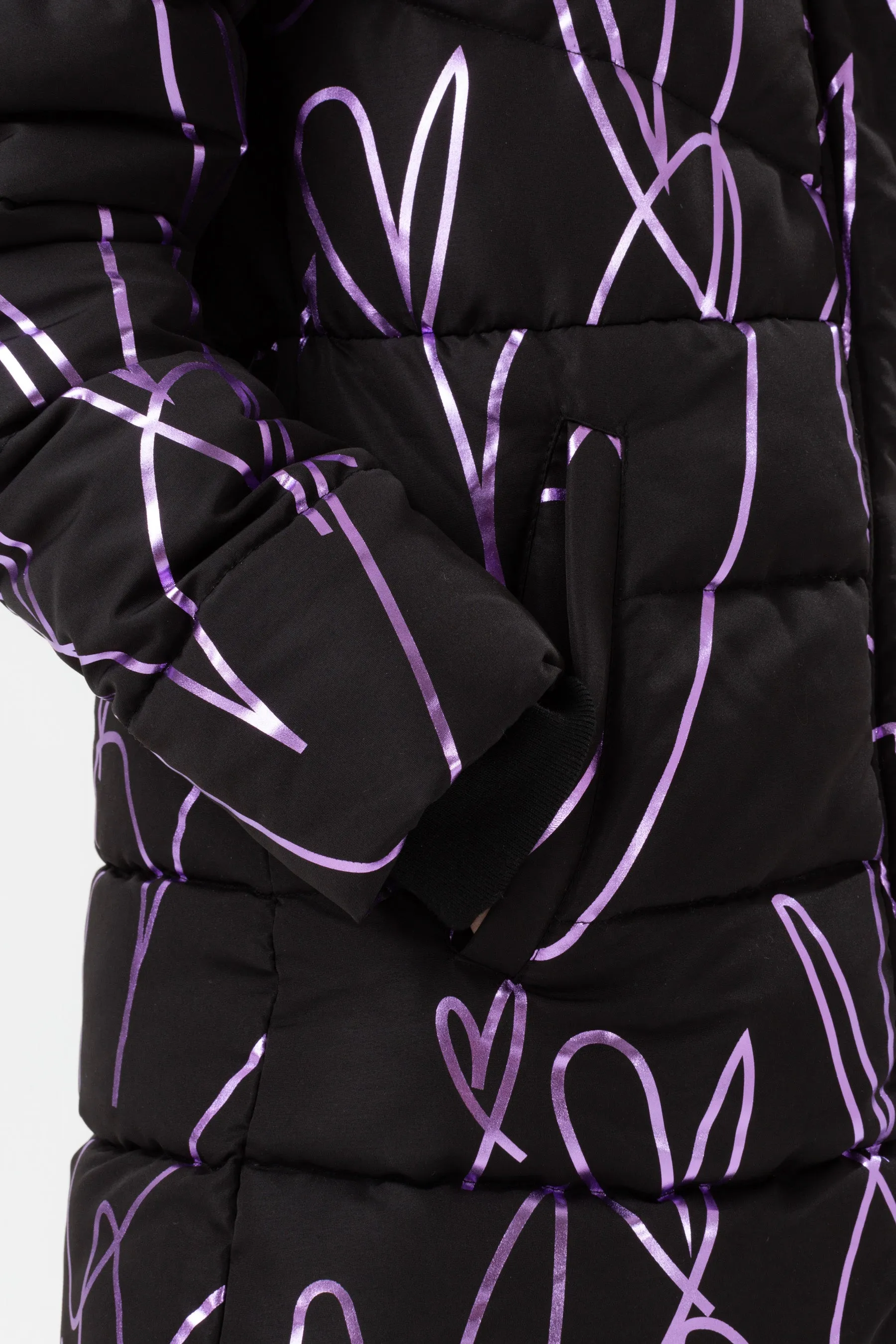 Hype Girls Black Sketch Heart Holographic Parka Script Jacket