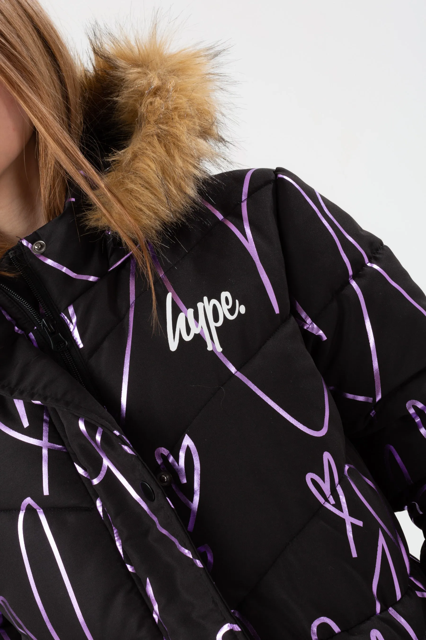 Hype Girls Black Sketch Heart Holographic Parka Script Jacket