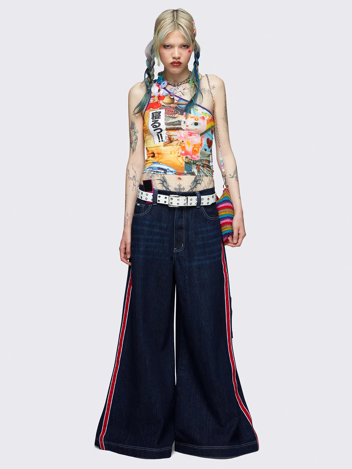 Indigo Side-Panel Wide Leg Jeans