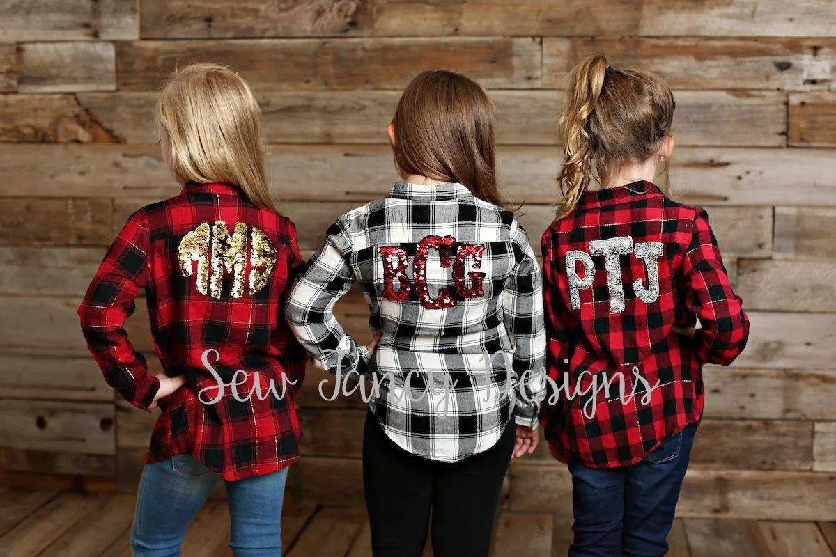 KIDS Flannel with Mermaid Sequin Monogram