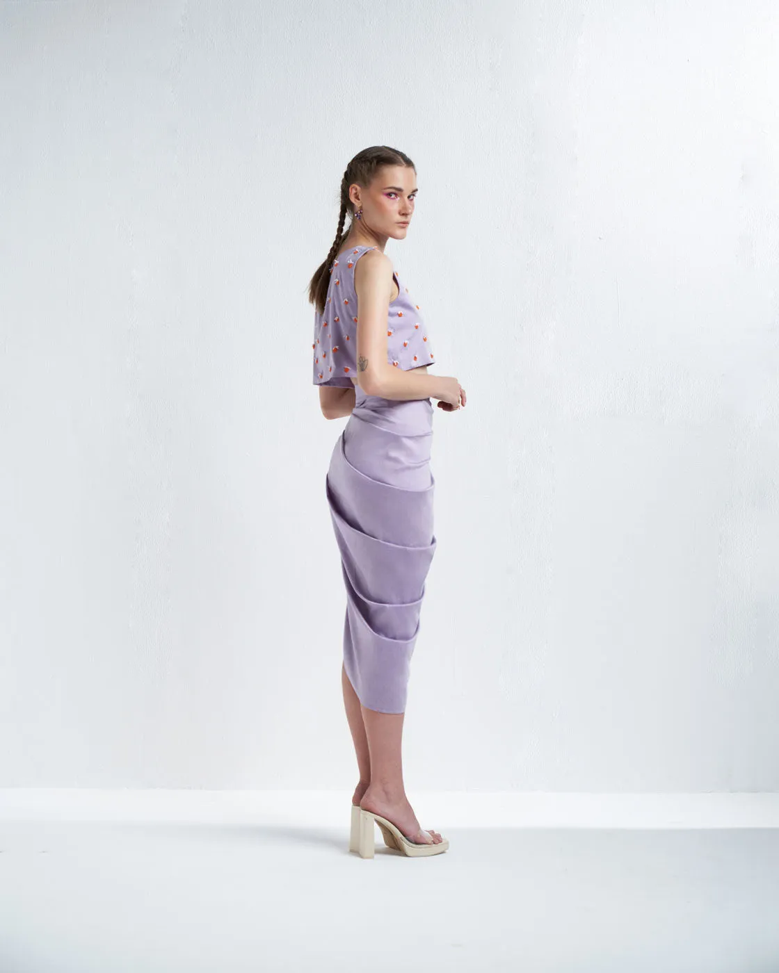 Lavender Round Neck Crop Top With Skirt Co Ord