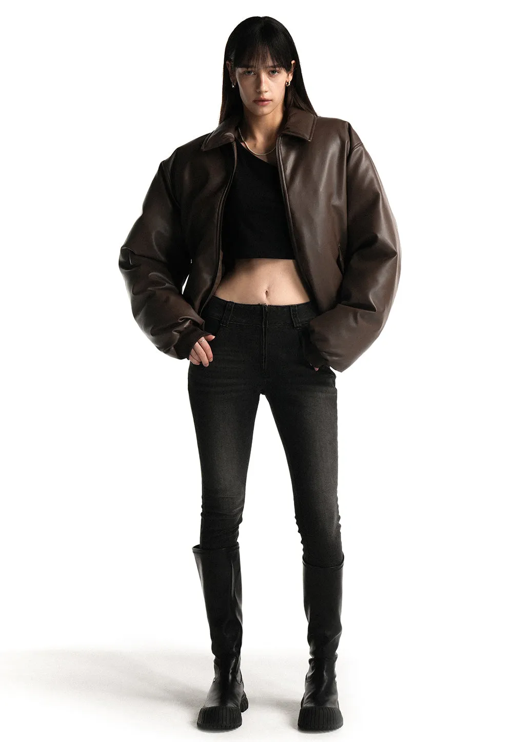 Leather padding bomber jacket brown