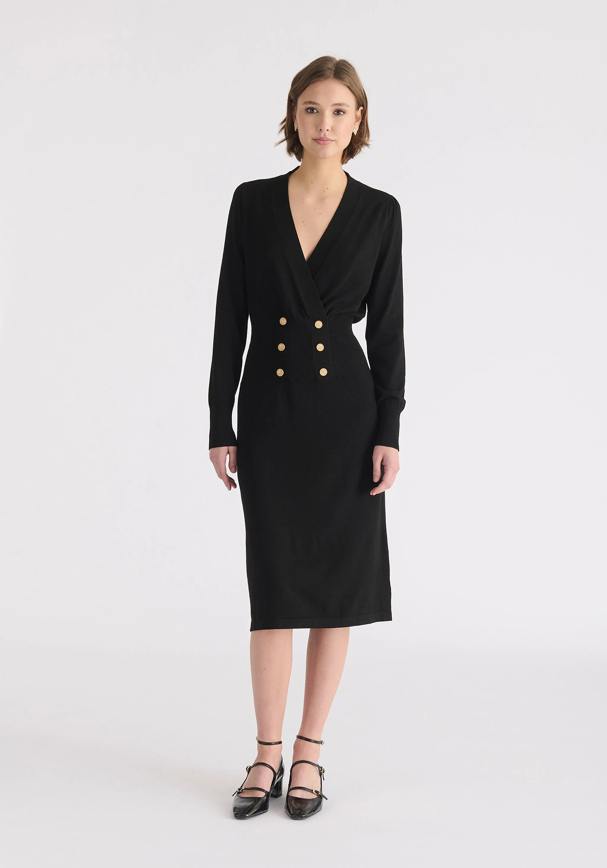 Long Sleeve Knitted Button Wrap Dress