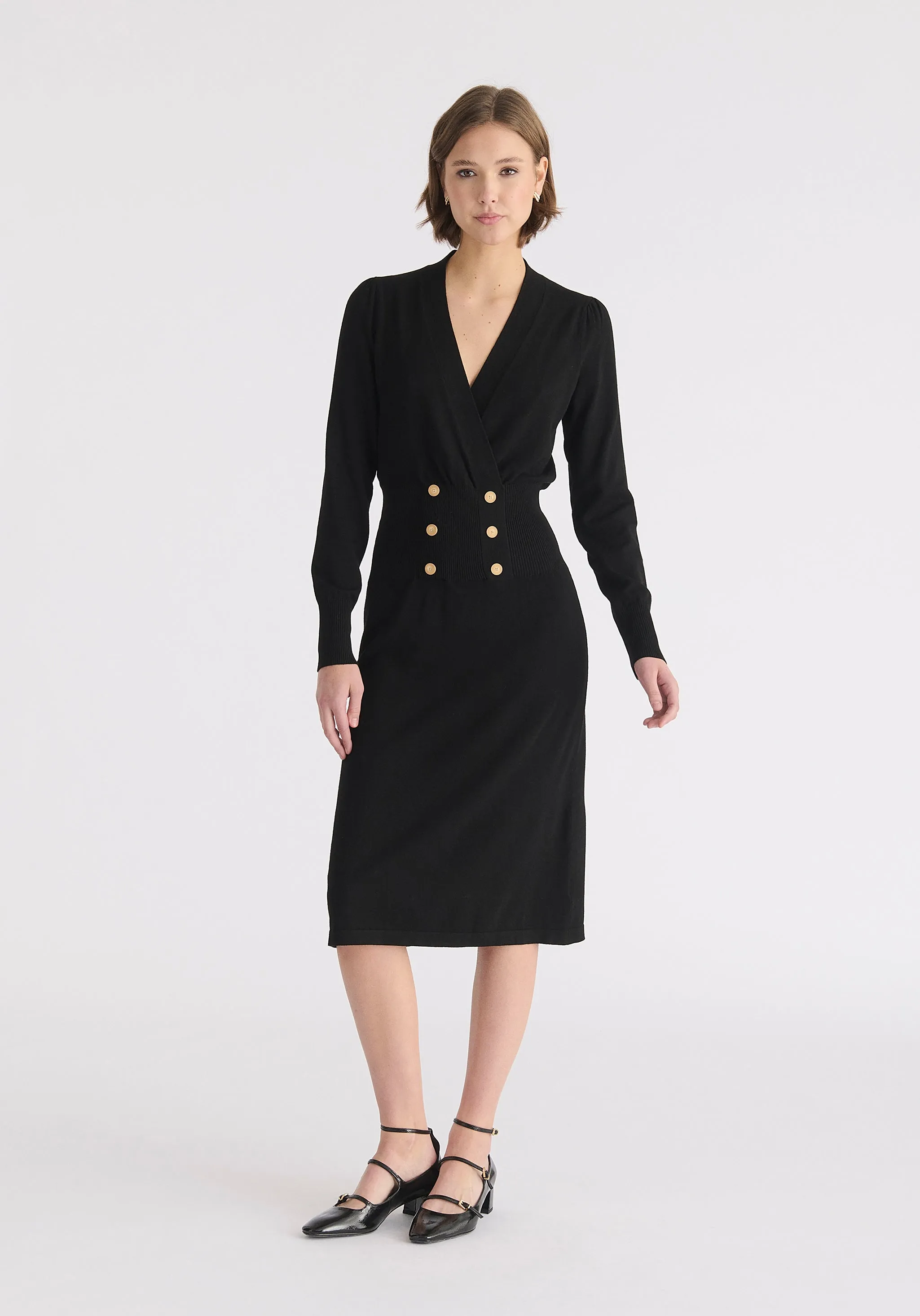 Long Sleeve Knitted Button Wrap Dress