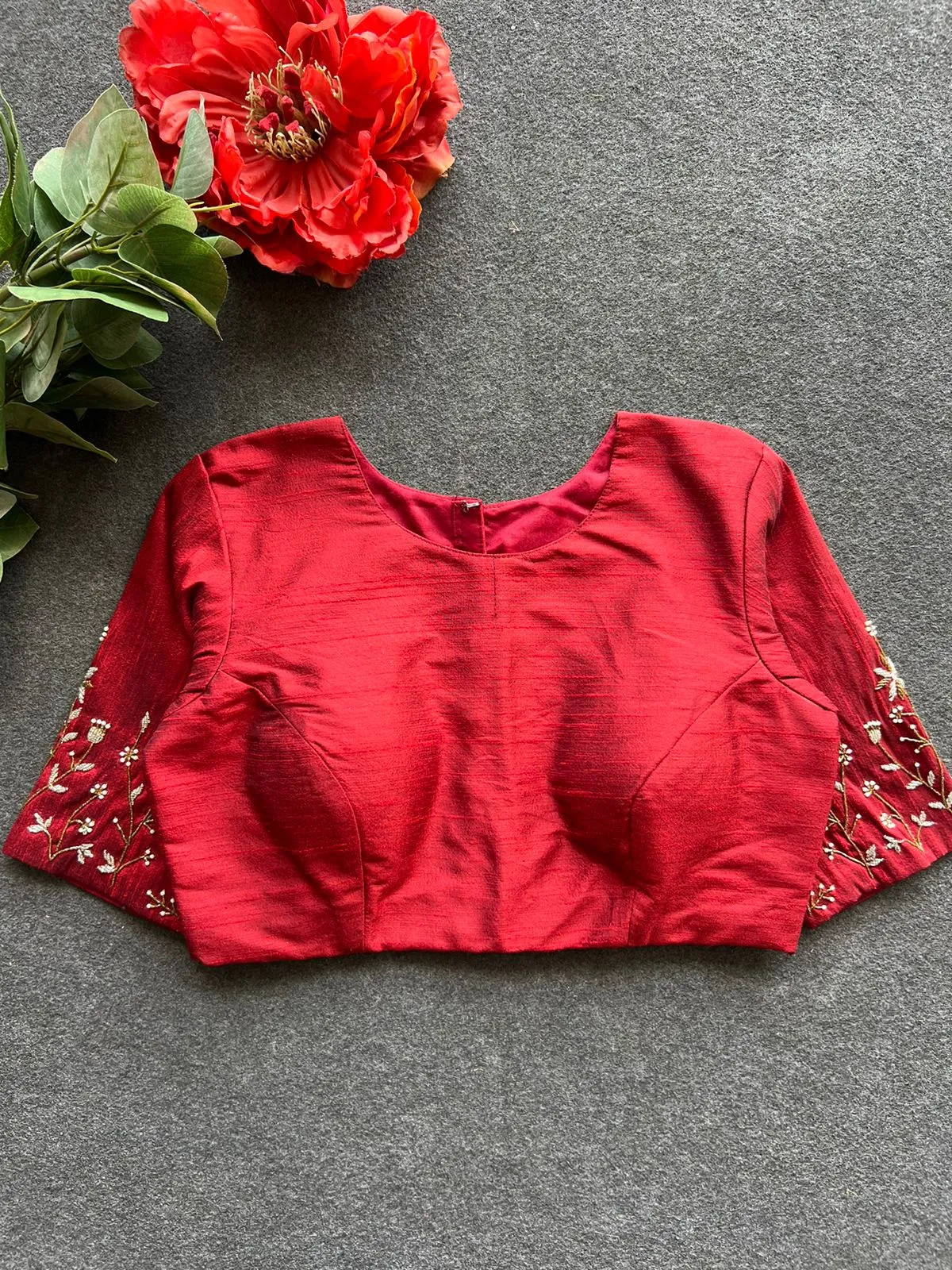 Maroon silk sleeves hand work blouse