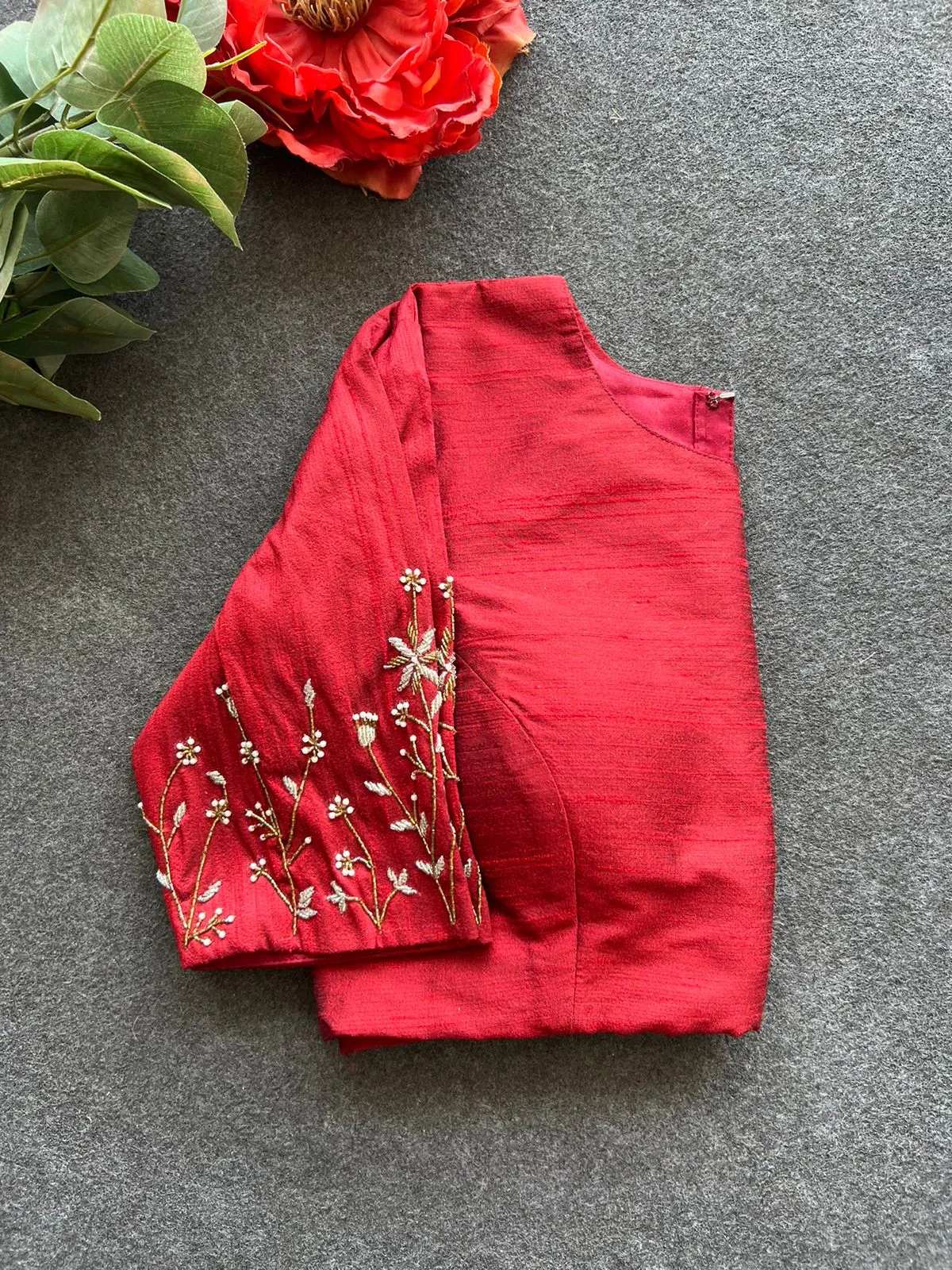 Maroon silk sleeves hand work blouse