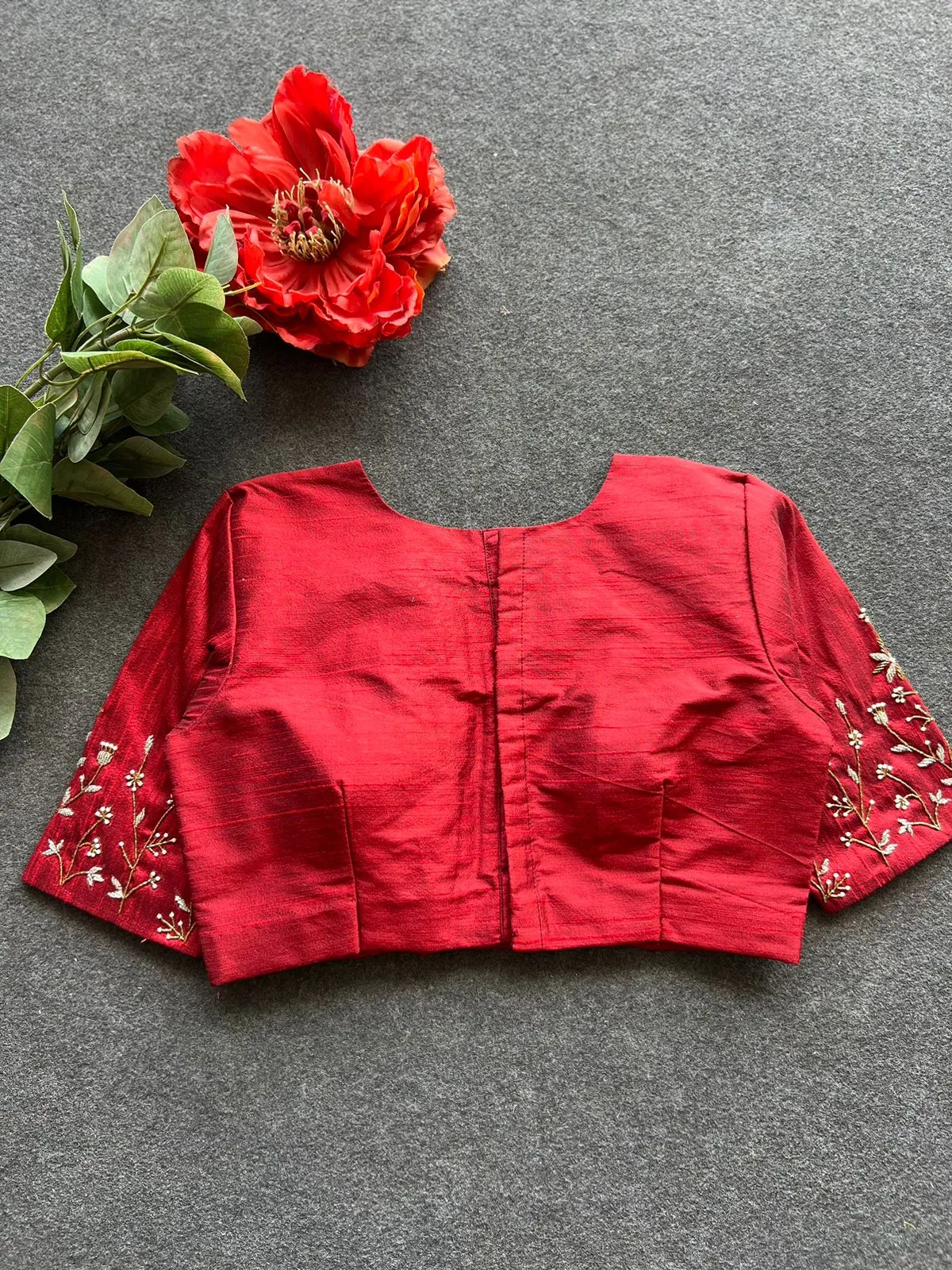 Maroon silk sleeves hand work blouse