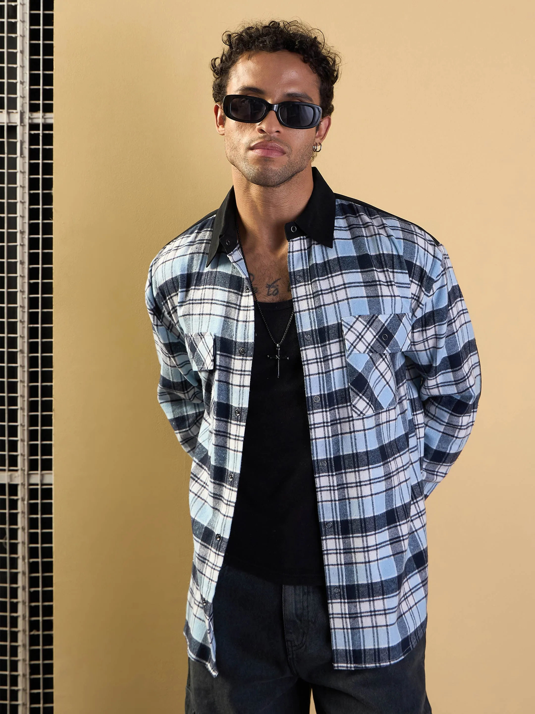 Men Blue & Navy Elbow Patch Oversize Check Shirt