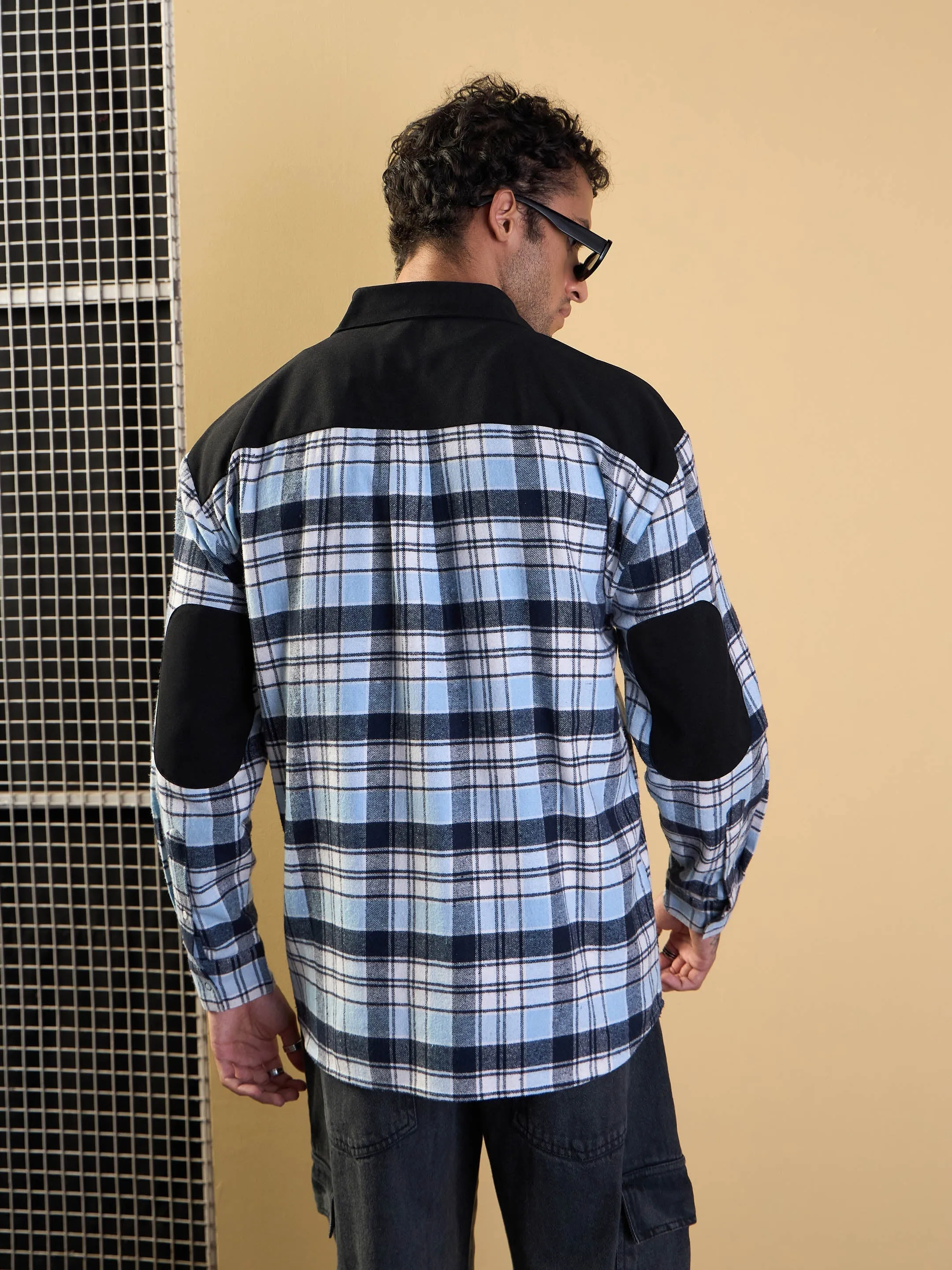 Men Blue & Navy Elbow Patch Oversize Check Shirt