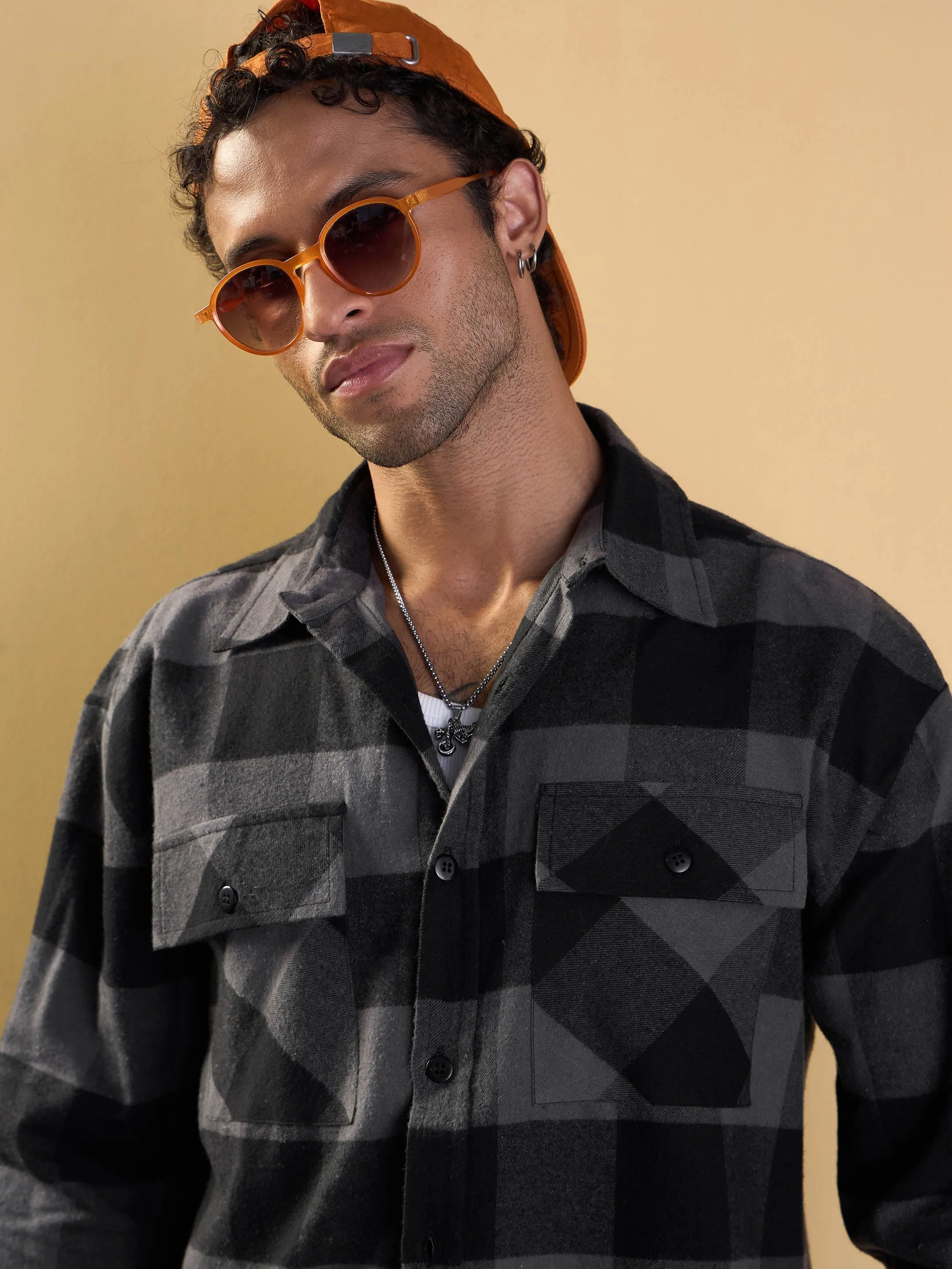 Men Grey & Black Check Flap Pocket Oversize Shirt