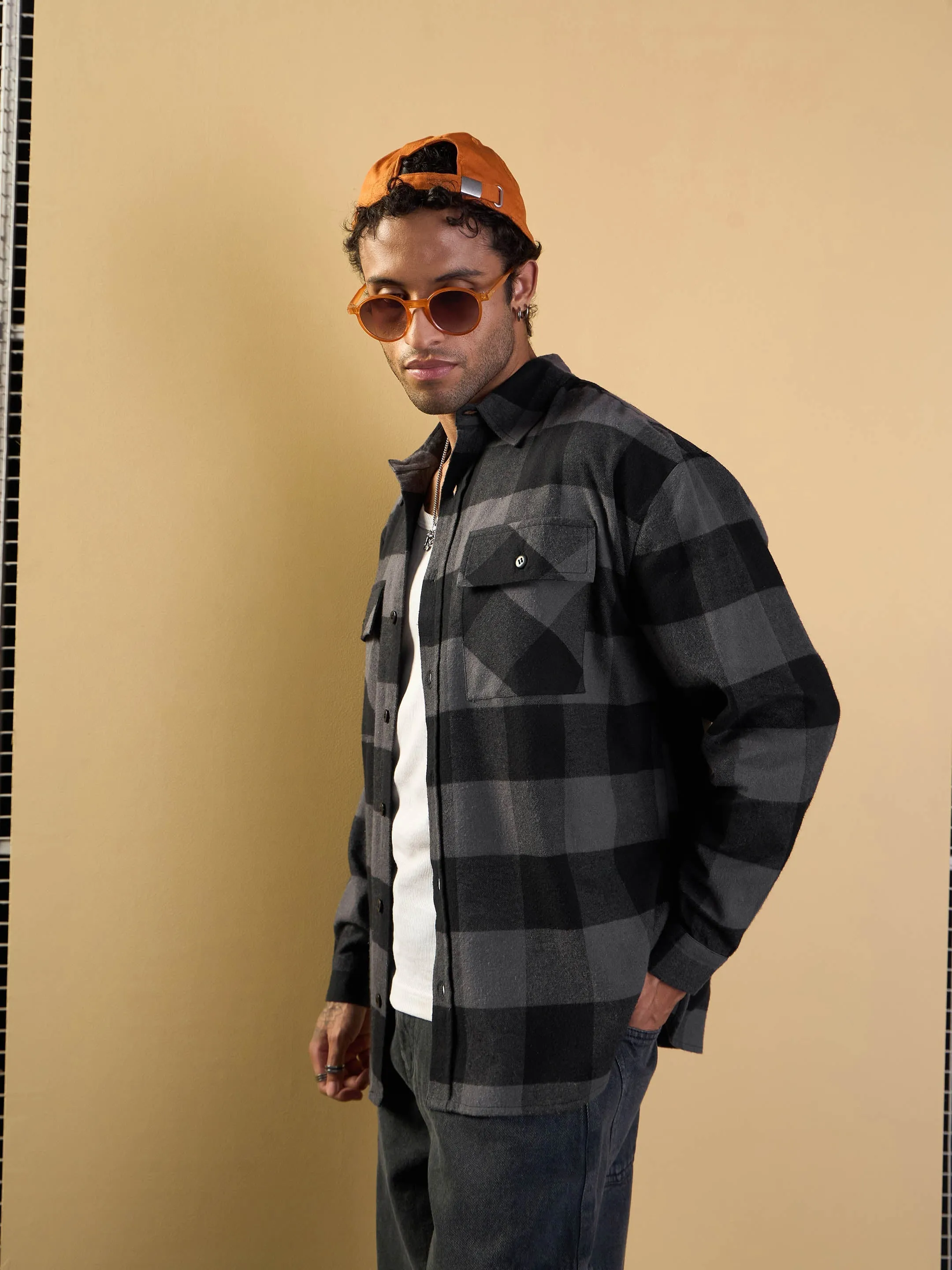 Men Grey & Black Check Flap Pocket Oversize Shirt