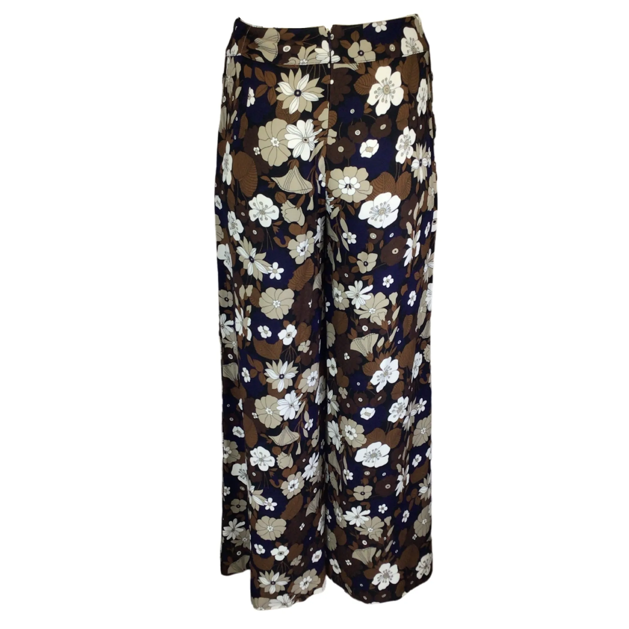 Michael Kors Collection Brown Multi Floral Printed Wide Leg Crepe Pants