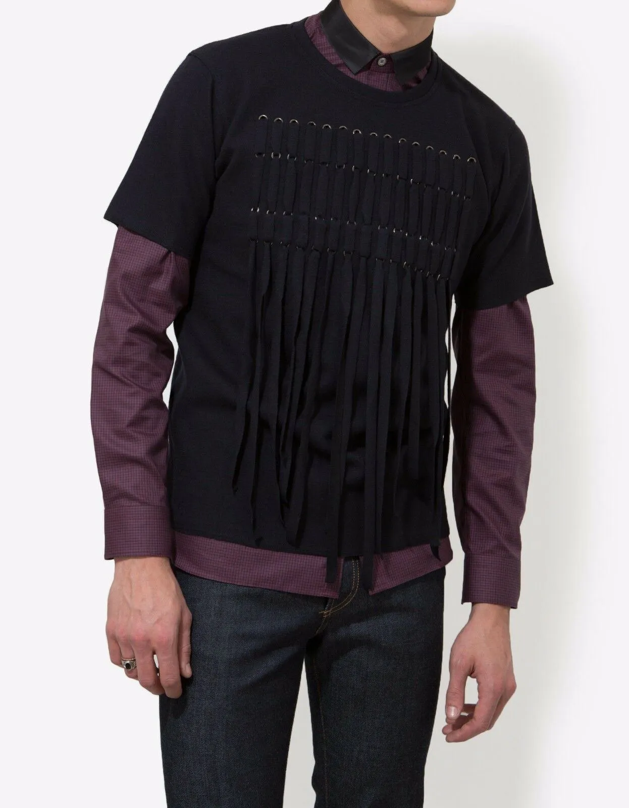 Navy Blue Wool Flannel Fringe T-Shirt