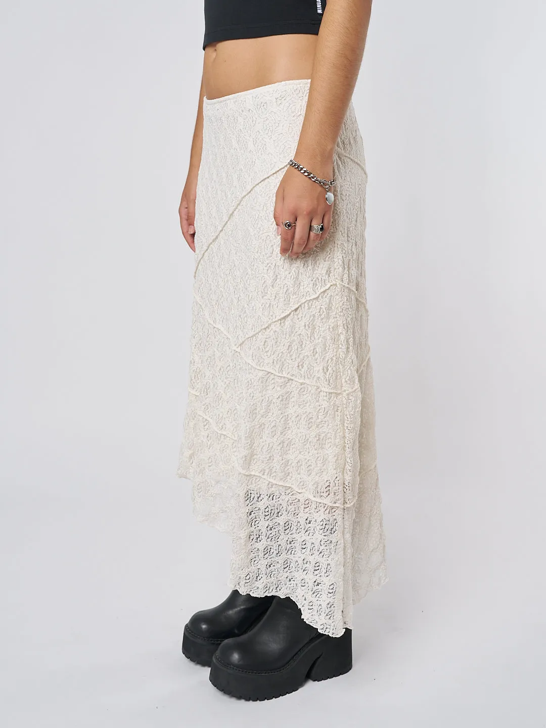 Nolia Cream-Colored Asymmetric Lace Midi Skirt