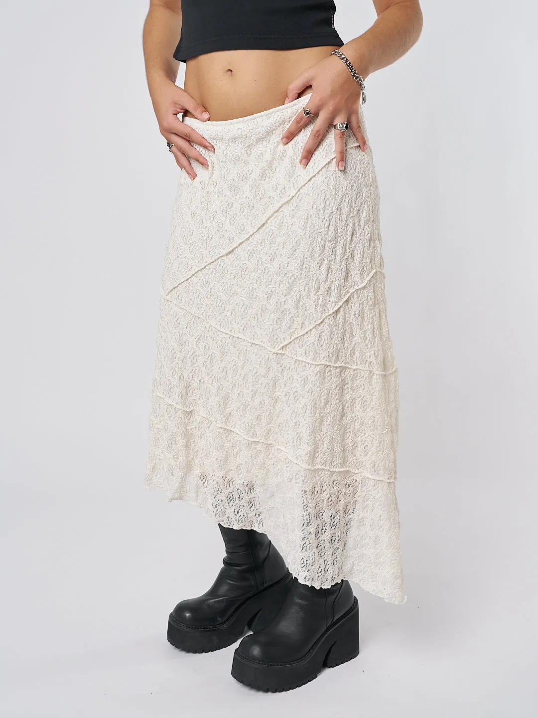 Nolia Cream-Colored Asymmetric Lace Midi Skirt