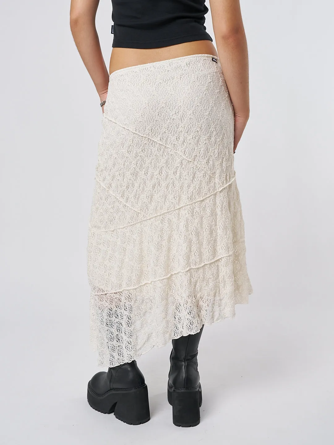 Nolia Cream-Colored Asymmetric Lace Midi Skirt