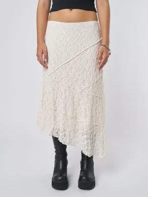 Nolia Cream-Colored Asymmetric Lace Midi Skirt