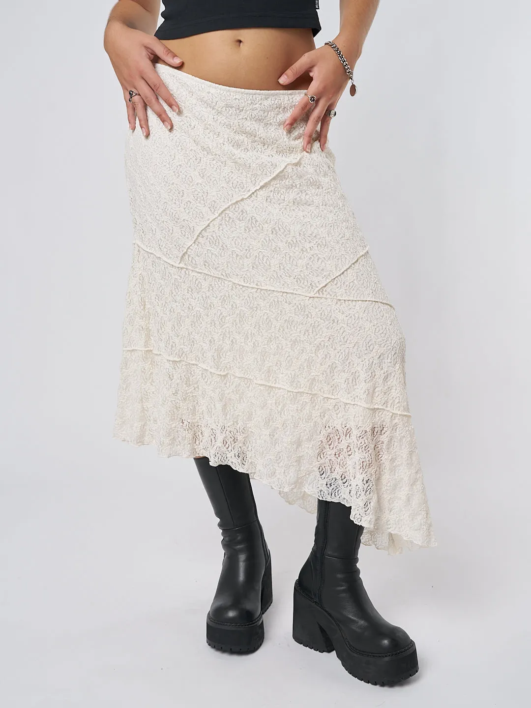 Nolia Cream-Colored Asymmetric Lace Midi Skirt