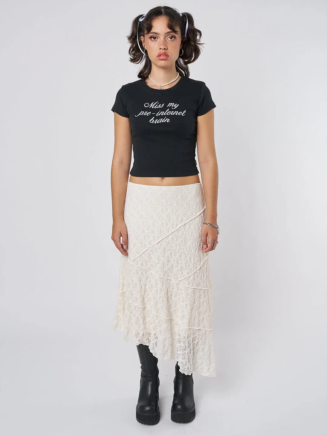 Nolia Cream-Colored Asymmetric Lace Midi Skirt