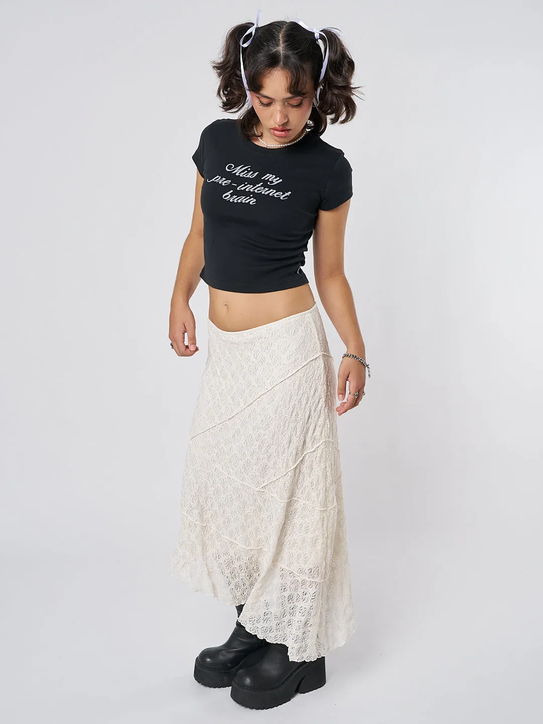 Nolia Cream-Colored Asymmetric Lace Midi Skirt