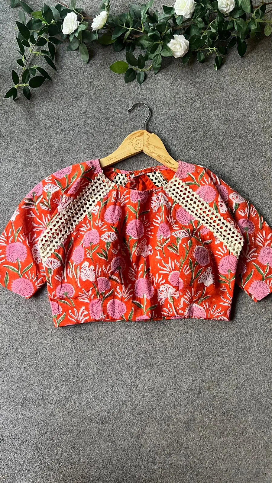 Orange cotton hand printed blouse