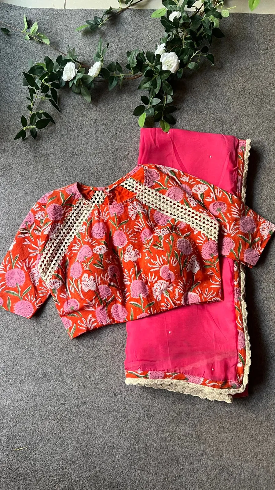 Orange cotton hand printed blouse