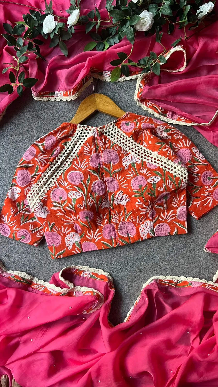 Orange cotton hand printed blouse