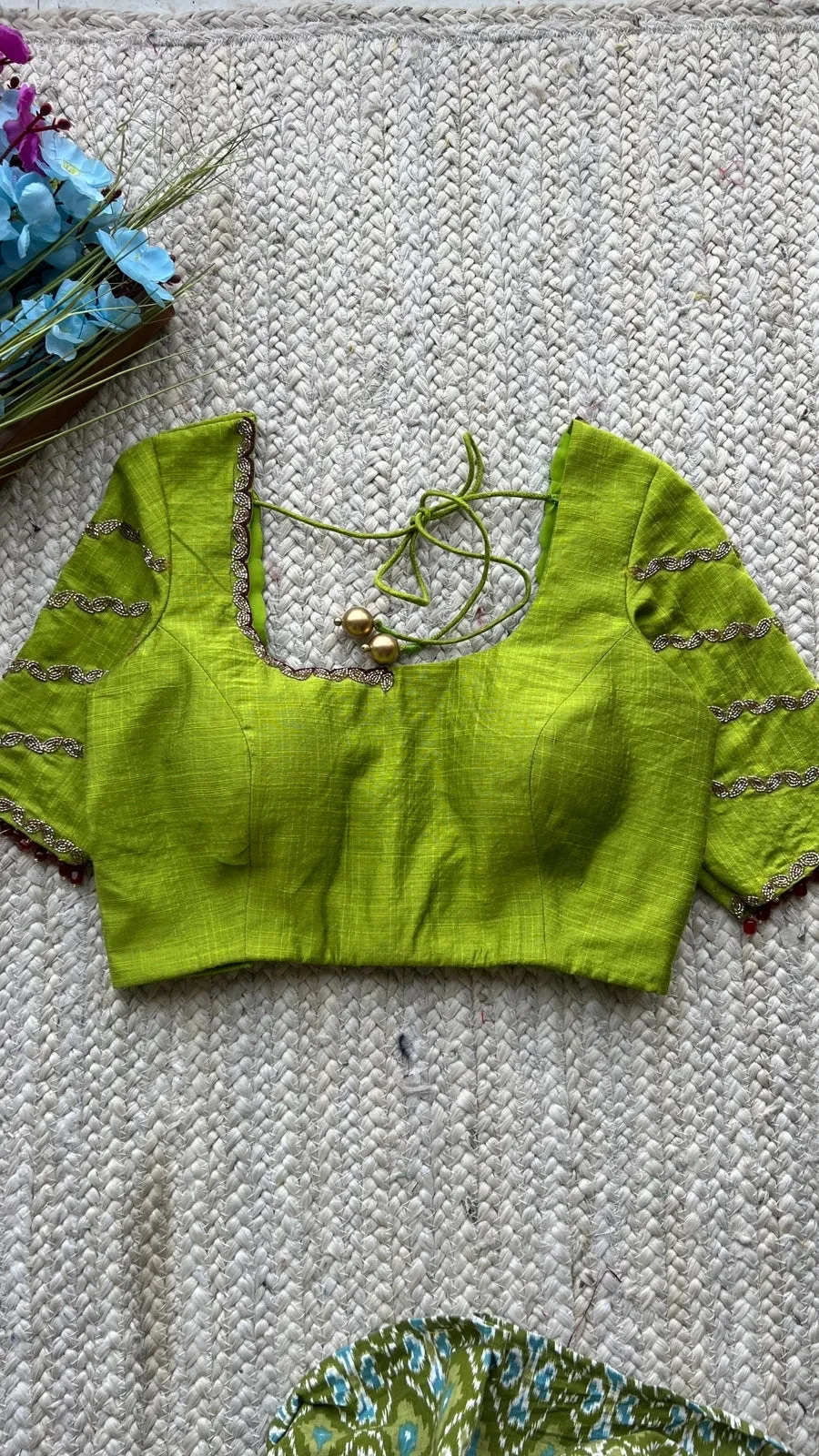 Parrot green silk hand worked blouse