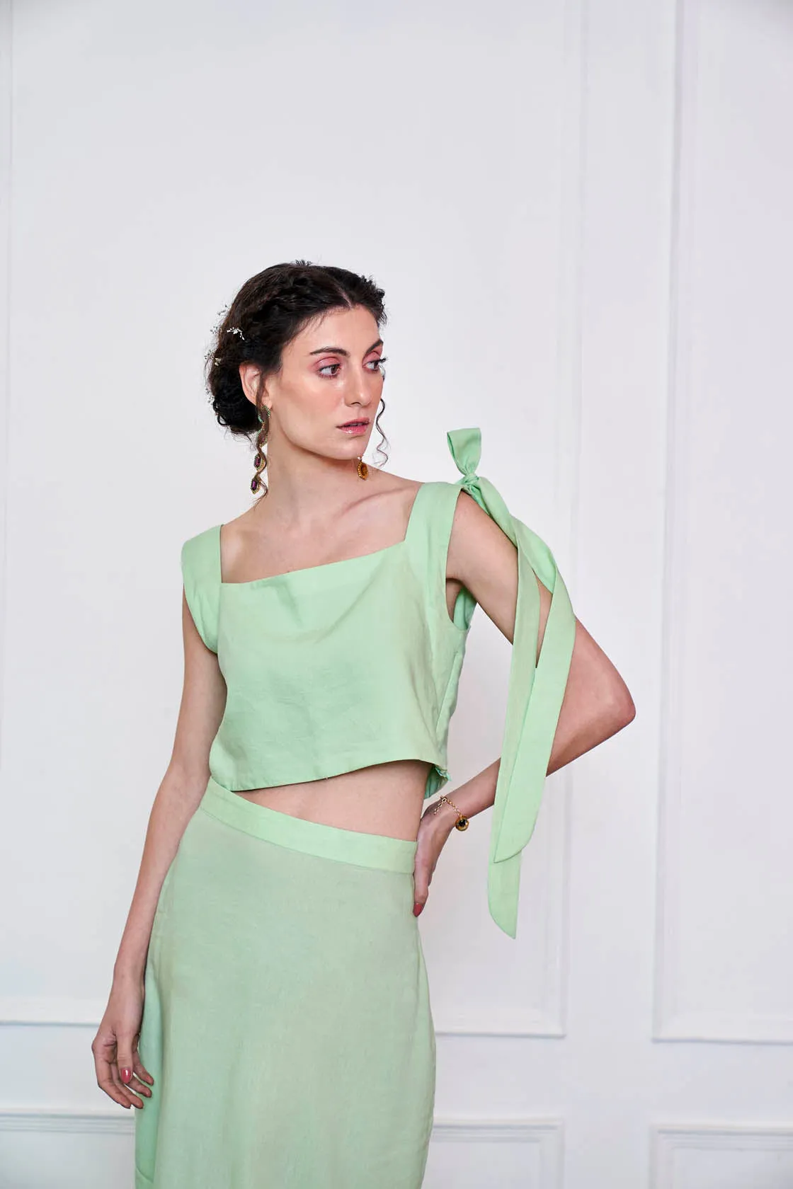 Pastel Mint One Shoulder Crop Top And Skirt Co Ord