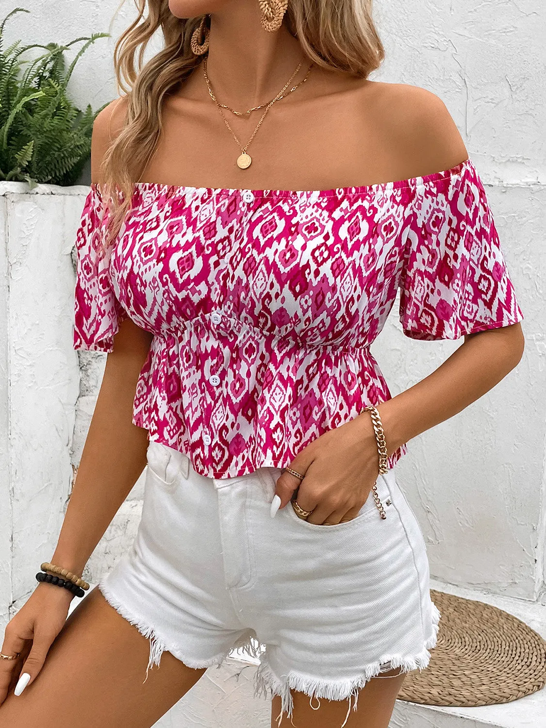 Peplum Printed Off-Shoulder Short Sleeve Blouse