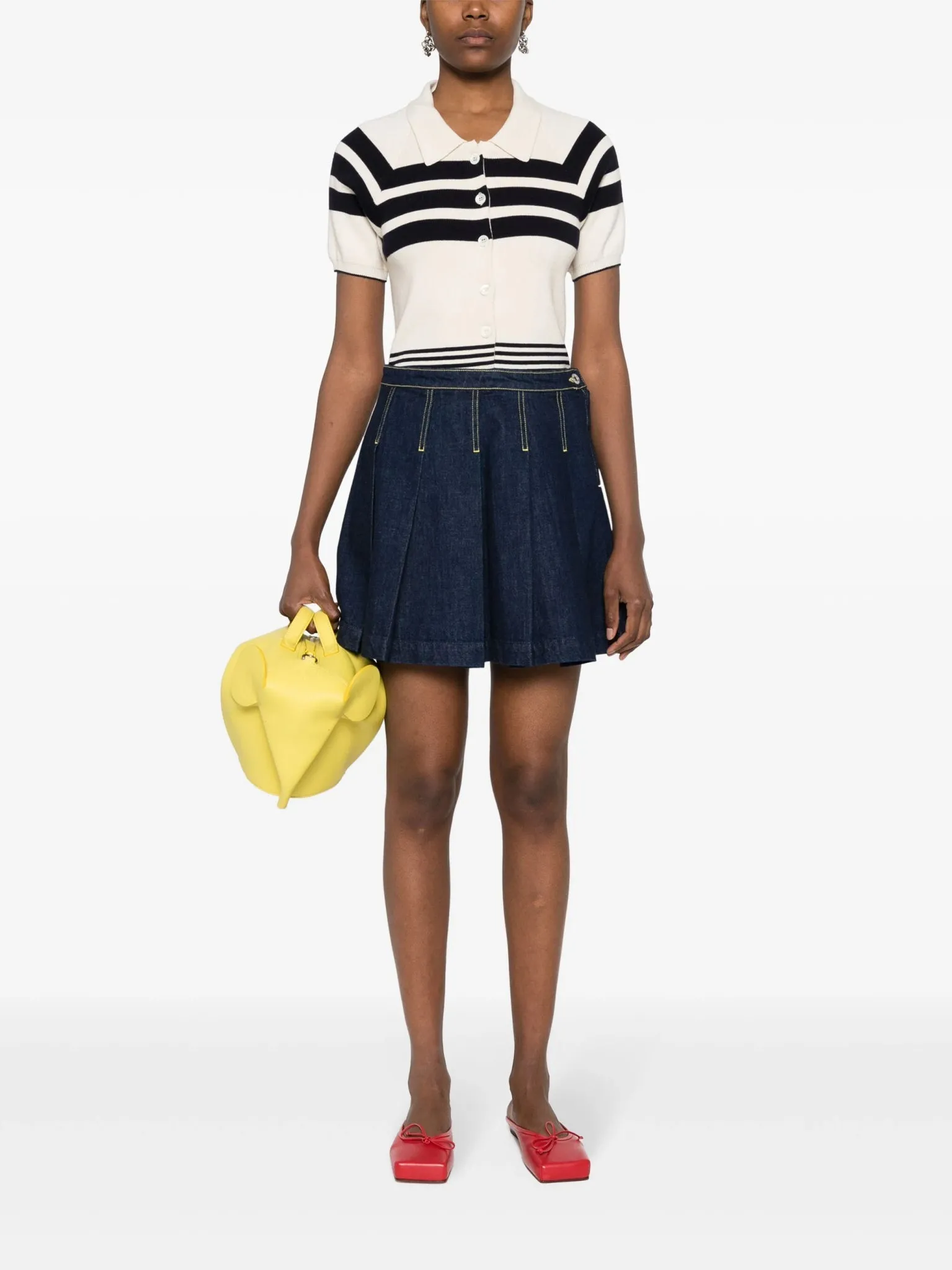 pleated denim mini skirt