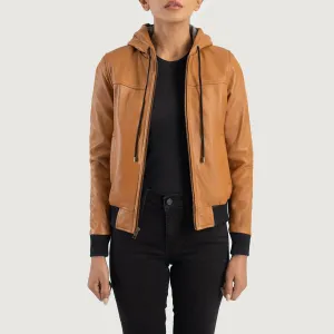 Rebella Brown Hooded Leather Bomber Jacket