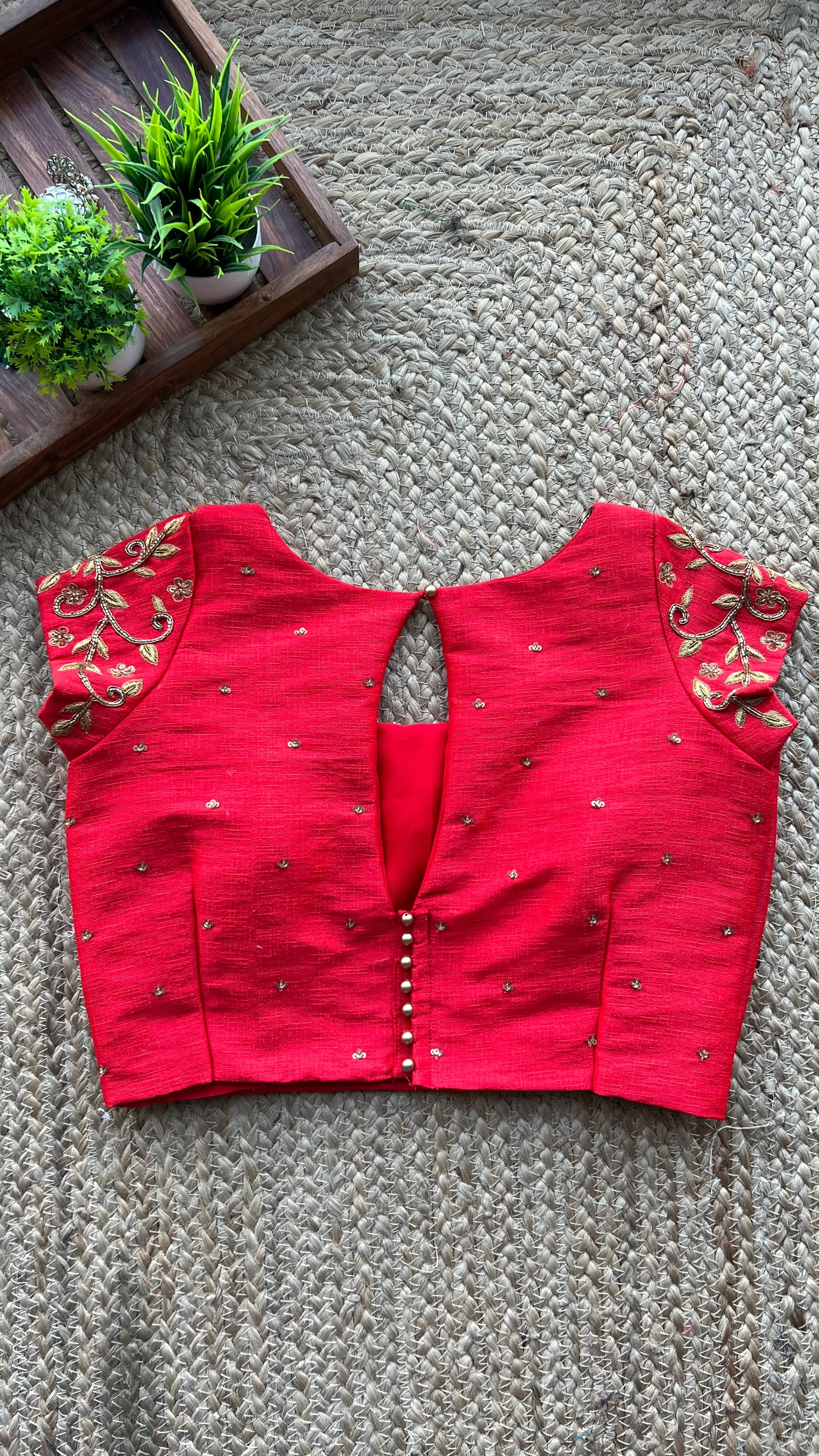 Red silk floral hand worked blouse