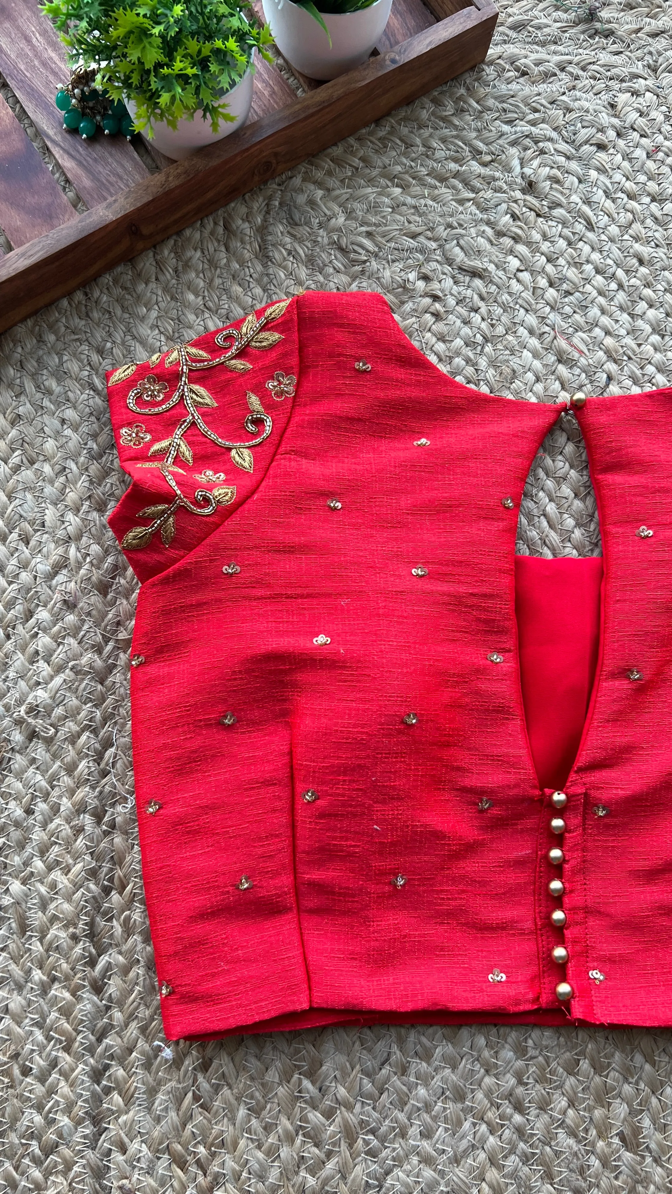 Red silk floral hand worked blouse