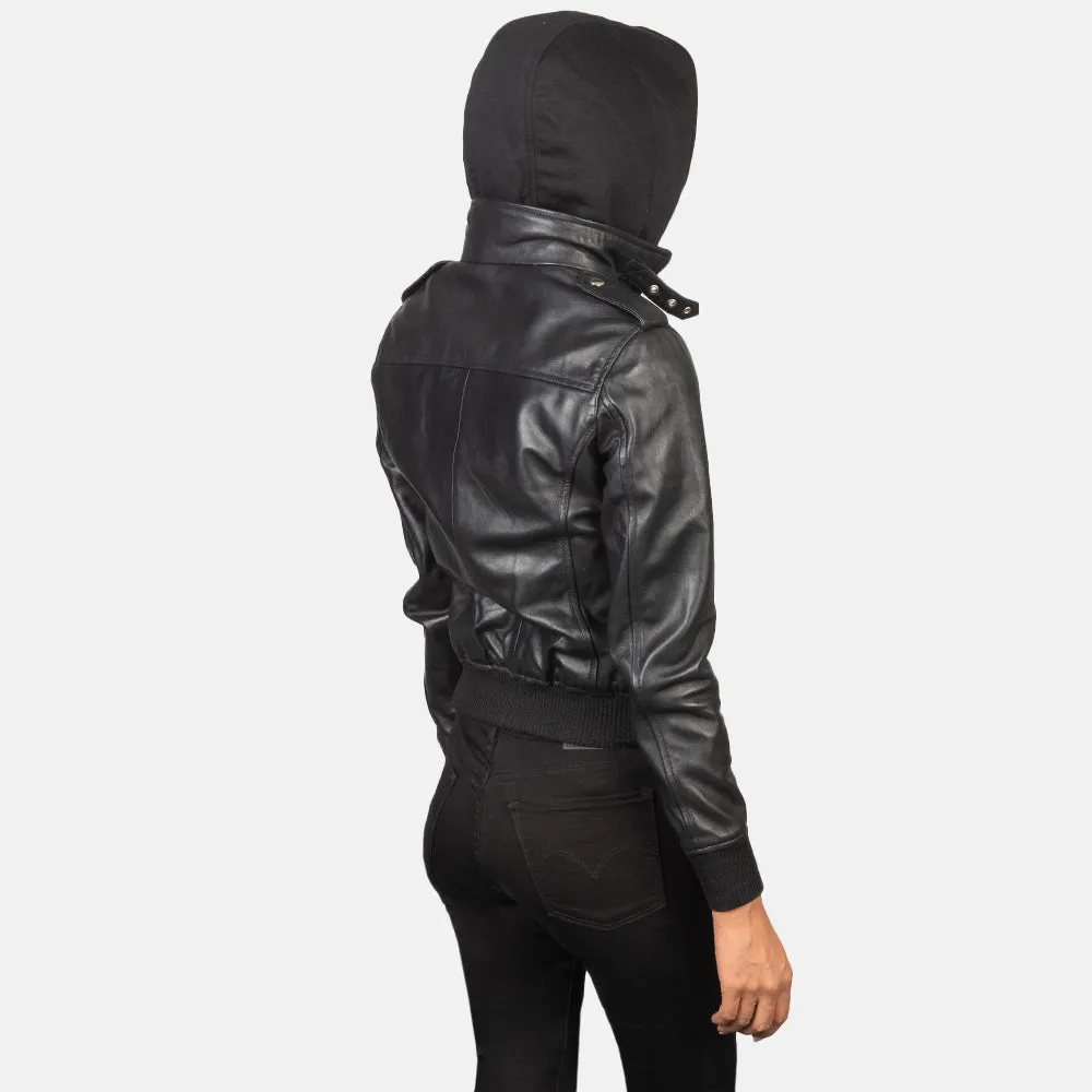 Roslyn Black Hooded Leather Bomber Jacket