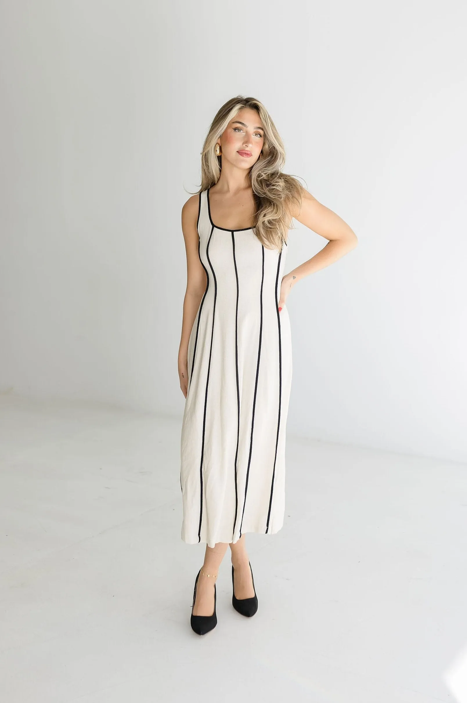 Samantha Sleeveless Contrast Linen Midi Dress Natural