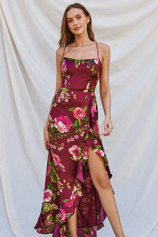 Sami Sleeveless Back Tie Floral Print Maxi Dress Burgundy