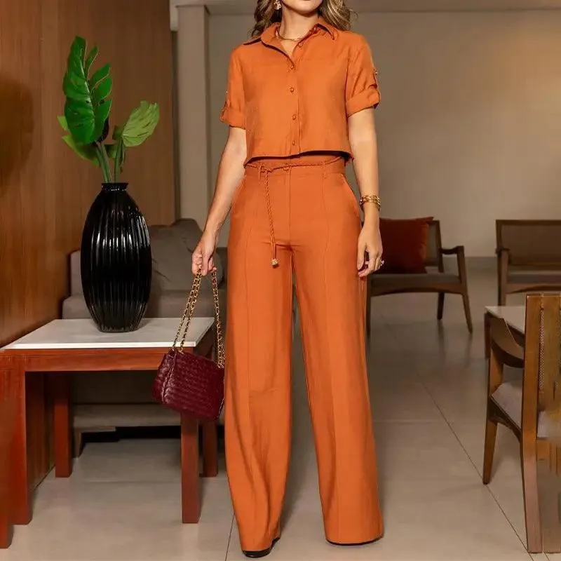 Simple And Short Top With Straight-leg Wide-leg Pants Commuter Two-piece Set