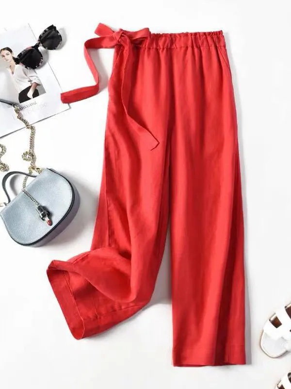 Simple Ramie Cotton Solid Color Loose Ninth Wide-Leg Pants