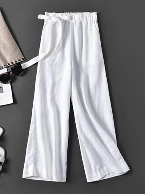 Simple Ramie Cotton Solid Color Loose Ninth Wide-Leg Pants