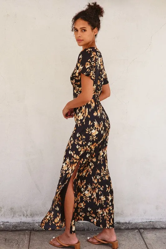 Tiara Short Flutter Sleeve Floral Print Maxi Dress Black