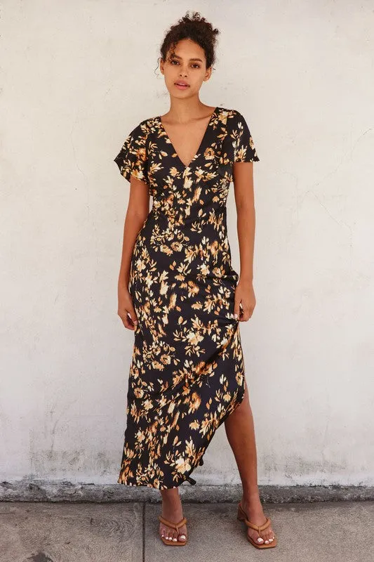 Tiara Short Flutter Sleeve Floral Print Maxi Dress Black