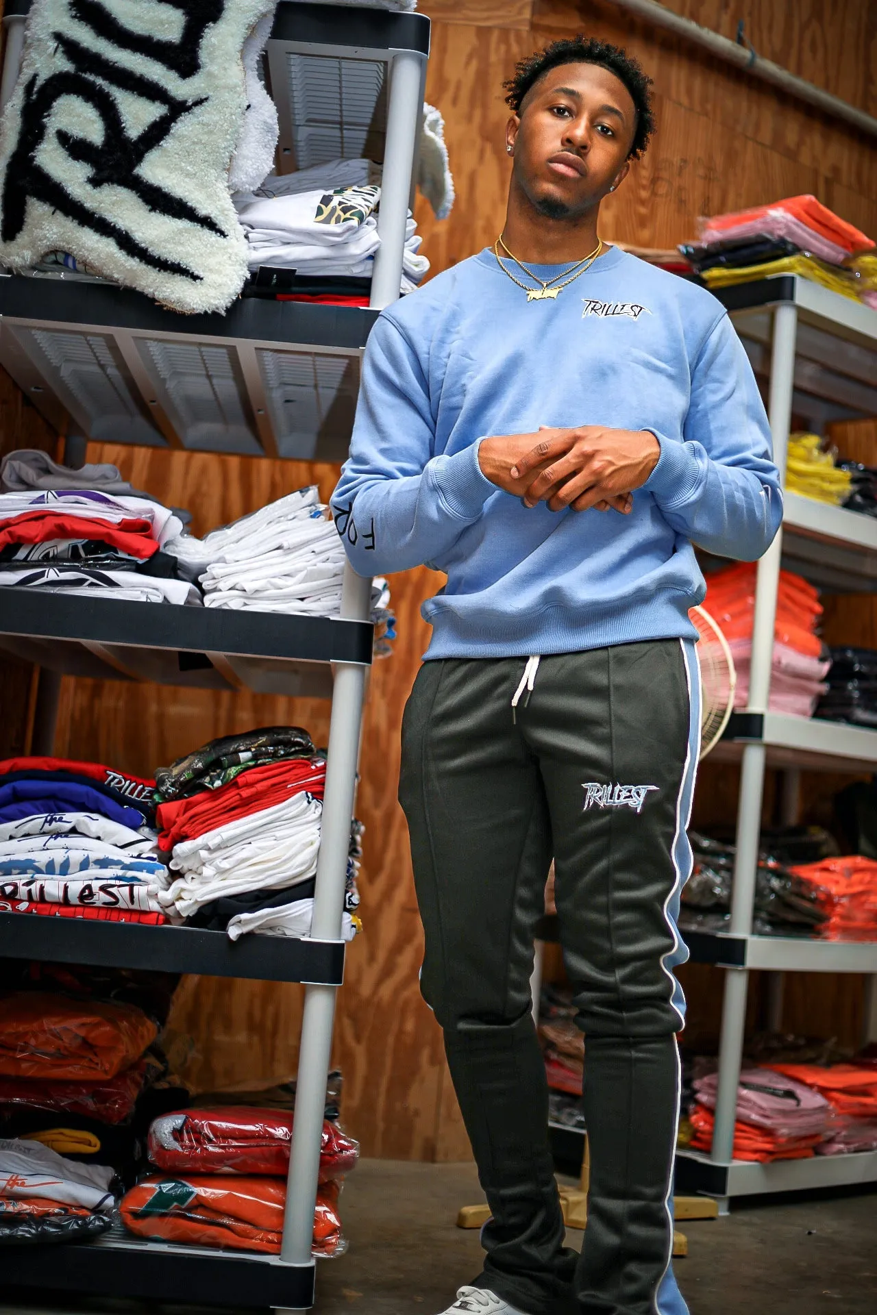 Trillest Stacked Track Pants - Black/UNC Blue