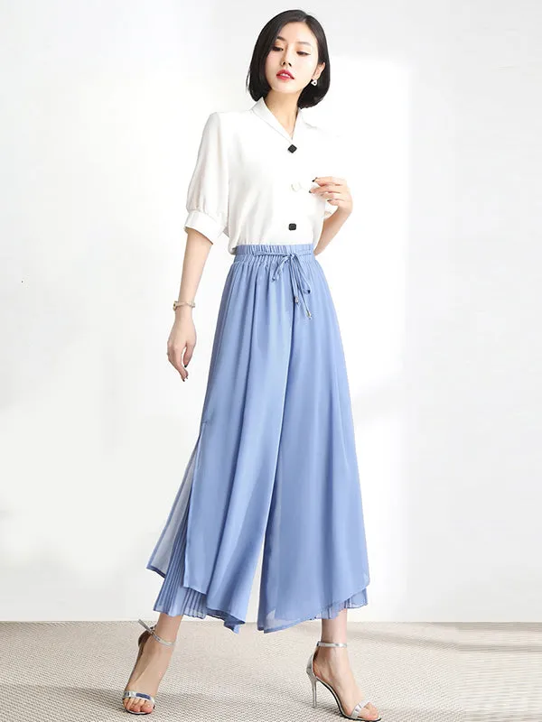 Urban Drawstring High-Waisted Wide Leg Chiffon Pants