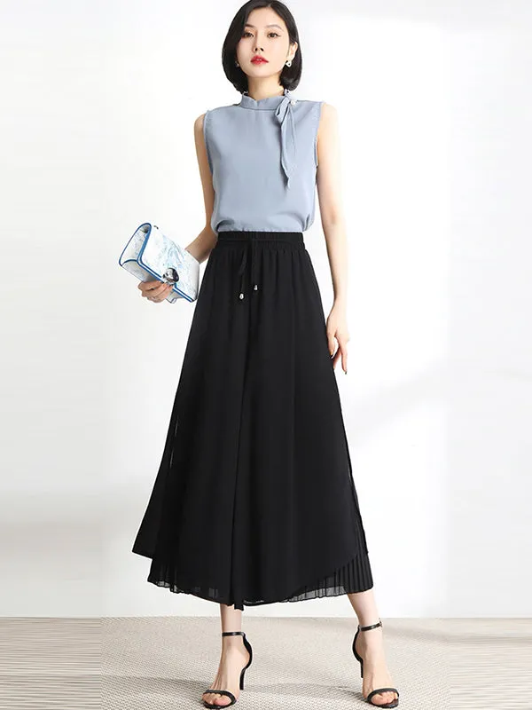 Urban Drawstring High-Waisted Wide Leg Chiffon Pants