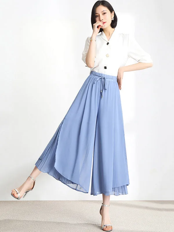 Urban Drawstring High-Waisted Wide Leg Chiffon Pants