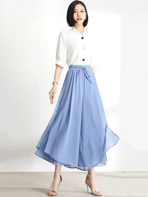 Urban Drawstring High-Waisted Wide Leg Chiffon Pants