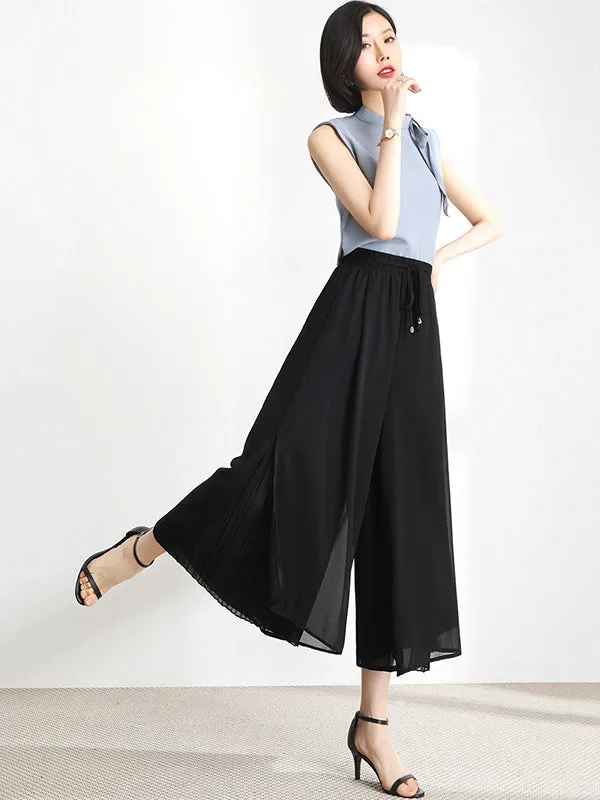 Urban Drawstring High-Waisted Wide Leg Chiffon Pants