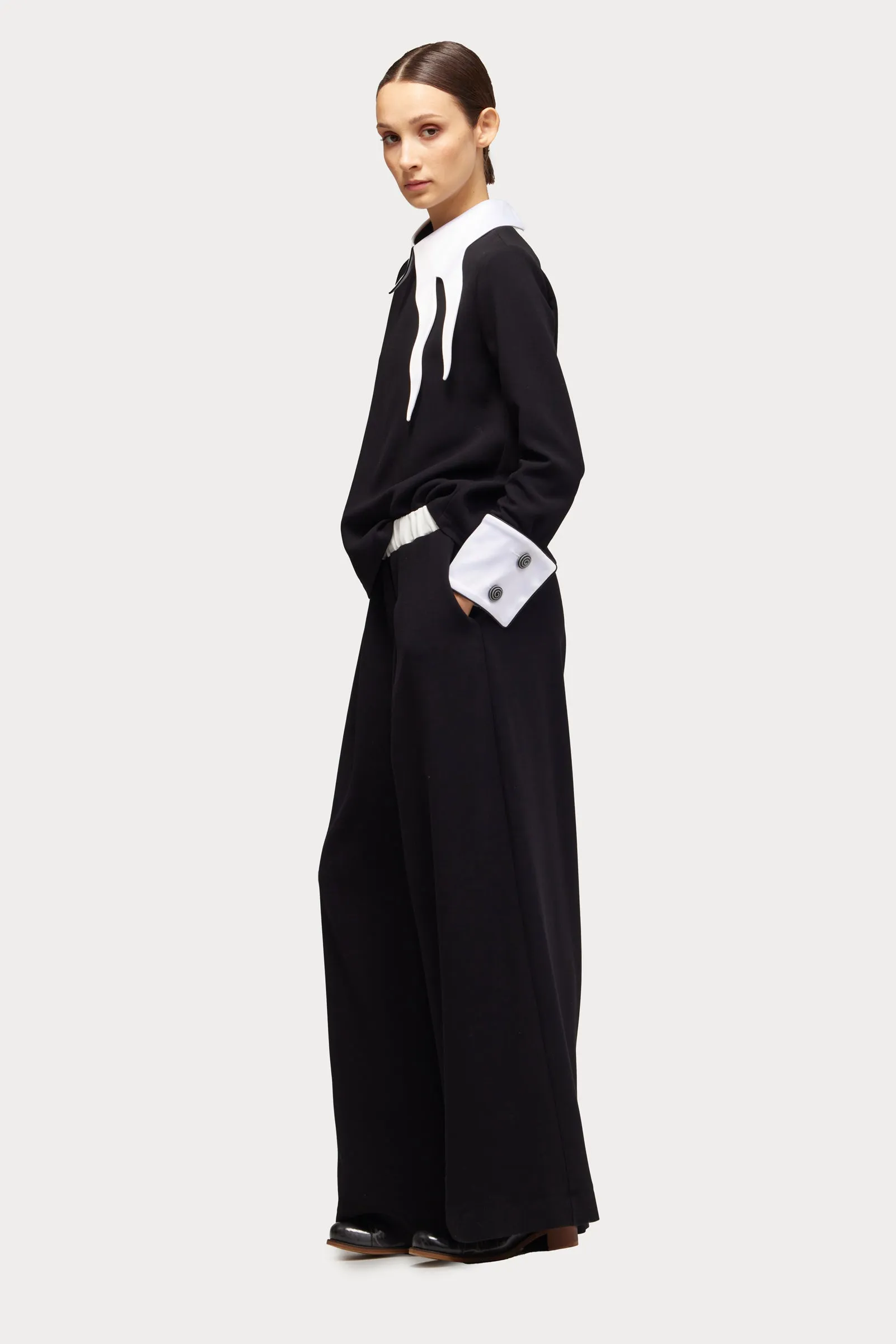 Wide-Leg Black Trousers With Contrasting Waistband White